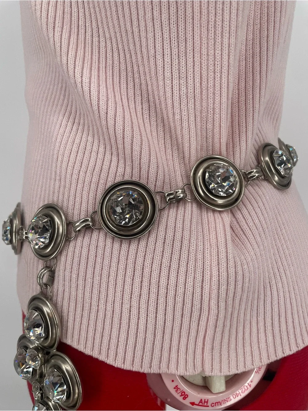 Vintage Chunky Silver Tone Rhinestone Chain Belt Cross Charm Alternative Style